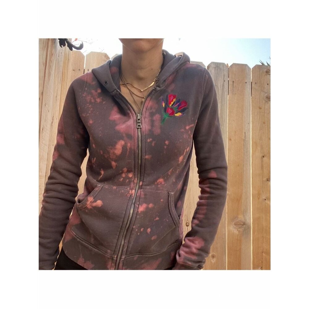 Marc Jacobs vintage Hand-Dyed Brown Zip Hoodie with Embroidered Floral Accent XS
